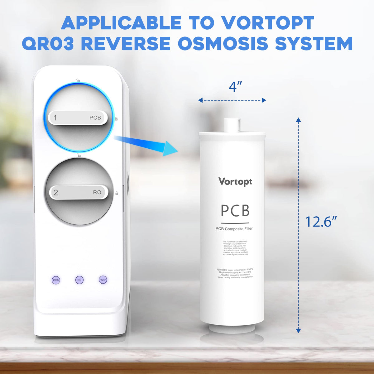 QR03 Reverse Osmosis System PCB Replacement Filter Cartridge, 6 to 12 Month Lifetime, 600GPD,Vortopt - Vortopt
