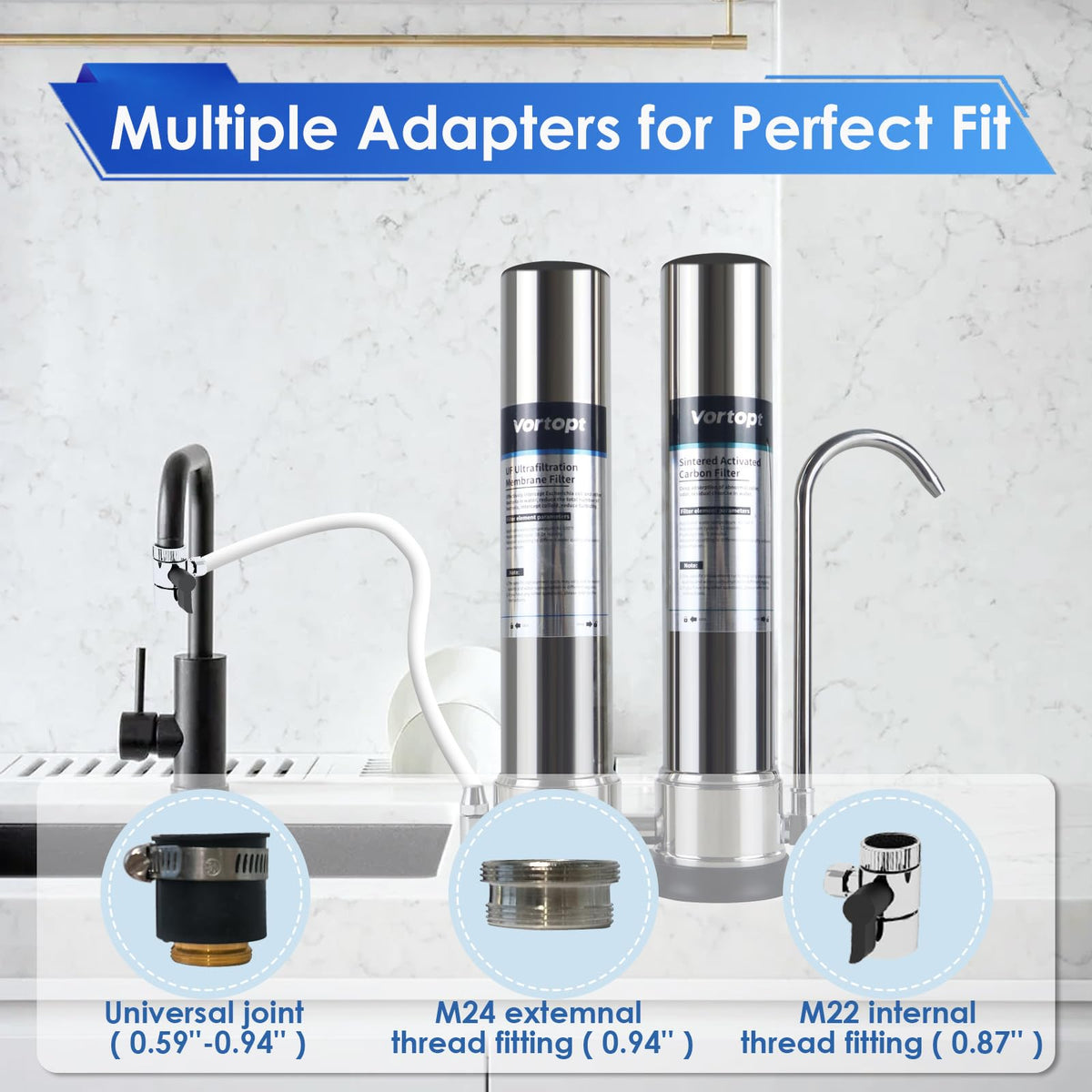 F9 countertop water filtration system utilizes dual-core filtration up to 99.99% chlorine, Vortopt - Vortopt