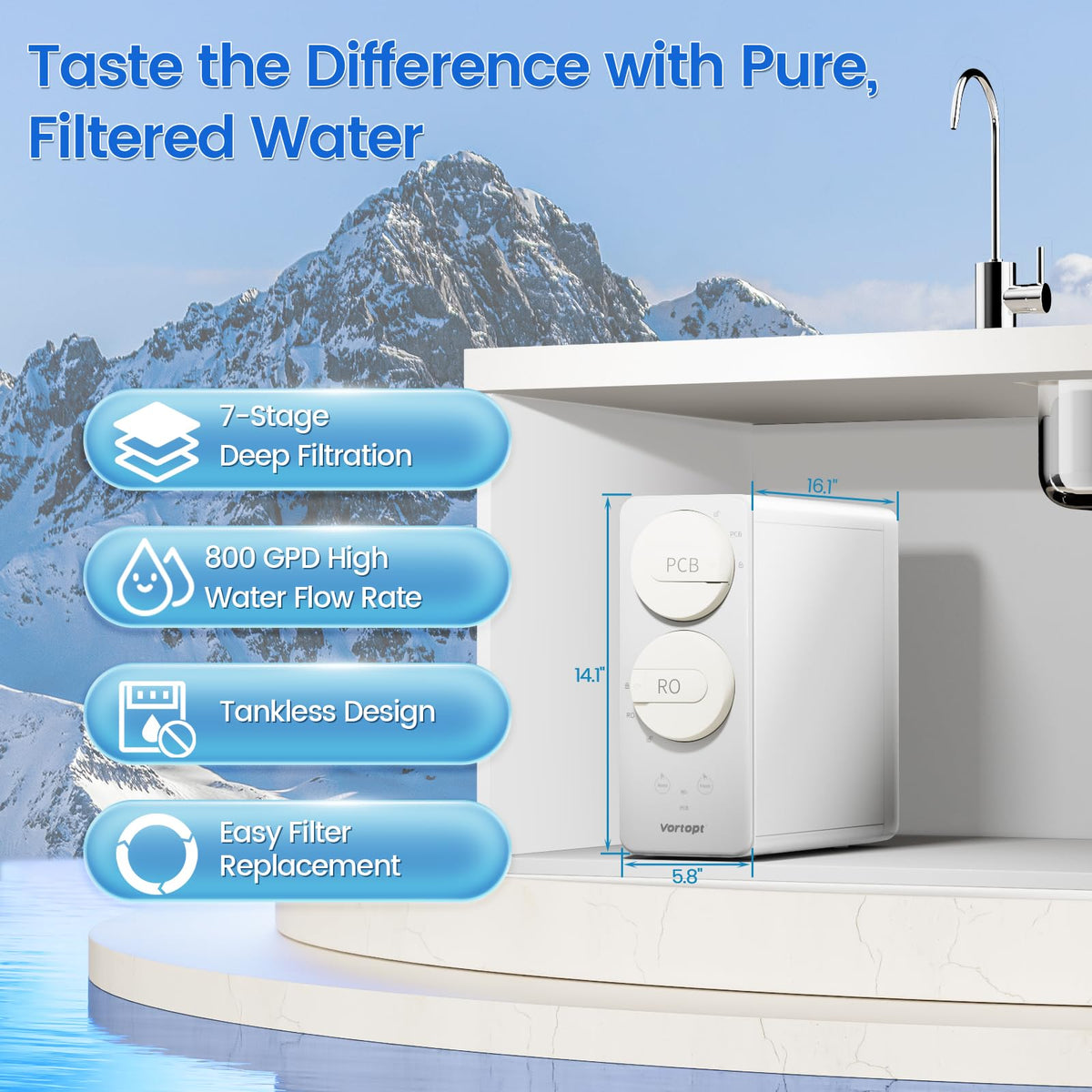 DR4 Under Sink Water Filter - 7 Stage Reverse Osmosis Water Filter System - 800 GPD Tankless RO Water Purifier System for Drinking Water, Vortopt - Vortopt