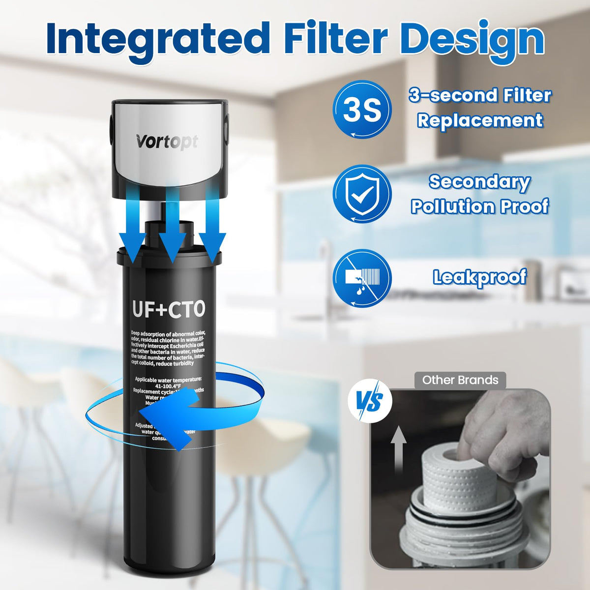 Q5-UF 0.01μm Under Sink Water Filter System , 19000 Galloons Large Flow Flux, Reduces PFAS, PFOA/PFOS, Retains Mineral Material, Vortopt - Vortopt