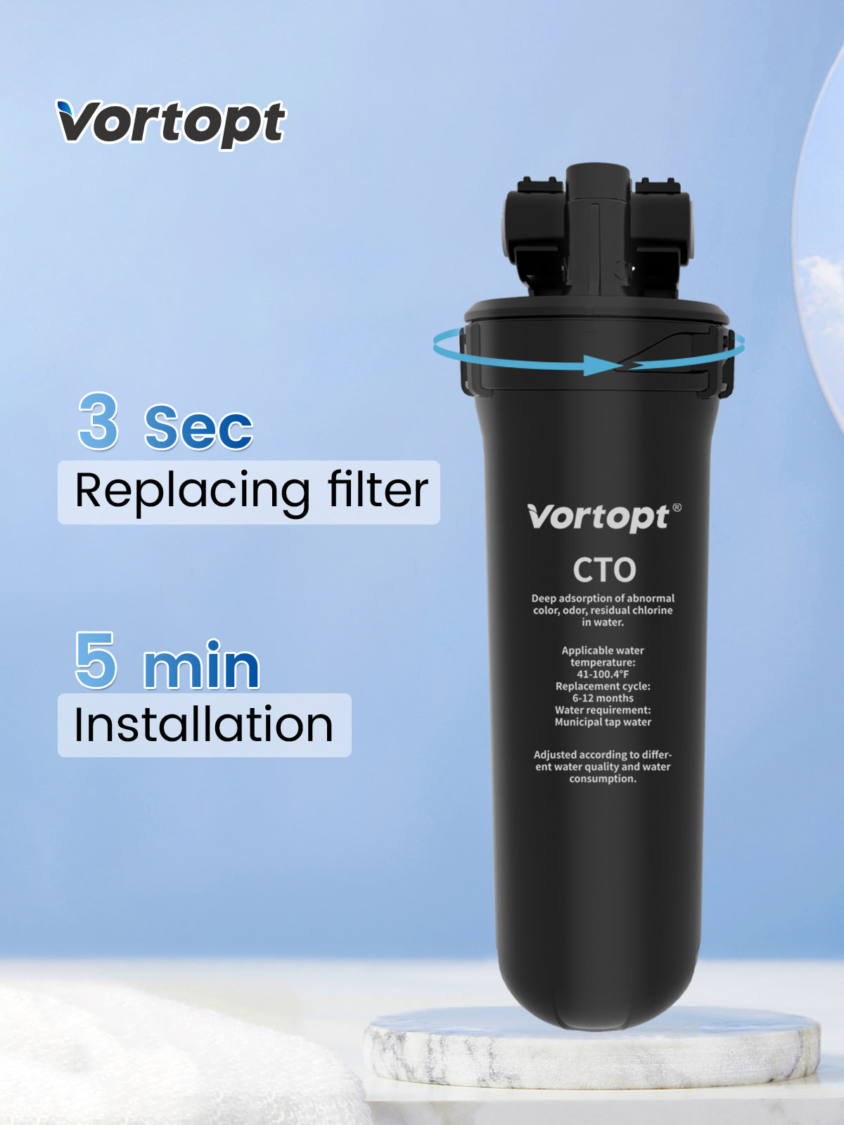 Under Sink Water Filter System - 19K Gallons Reduces Lead, Chlorine, 304 Stainless Steel Faucet, Q8-C1 (2 Filters) - Vortopt