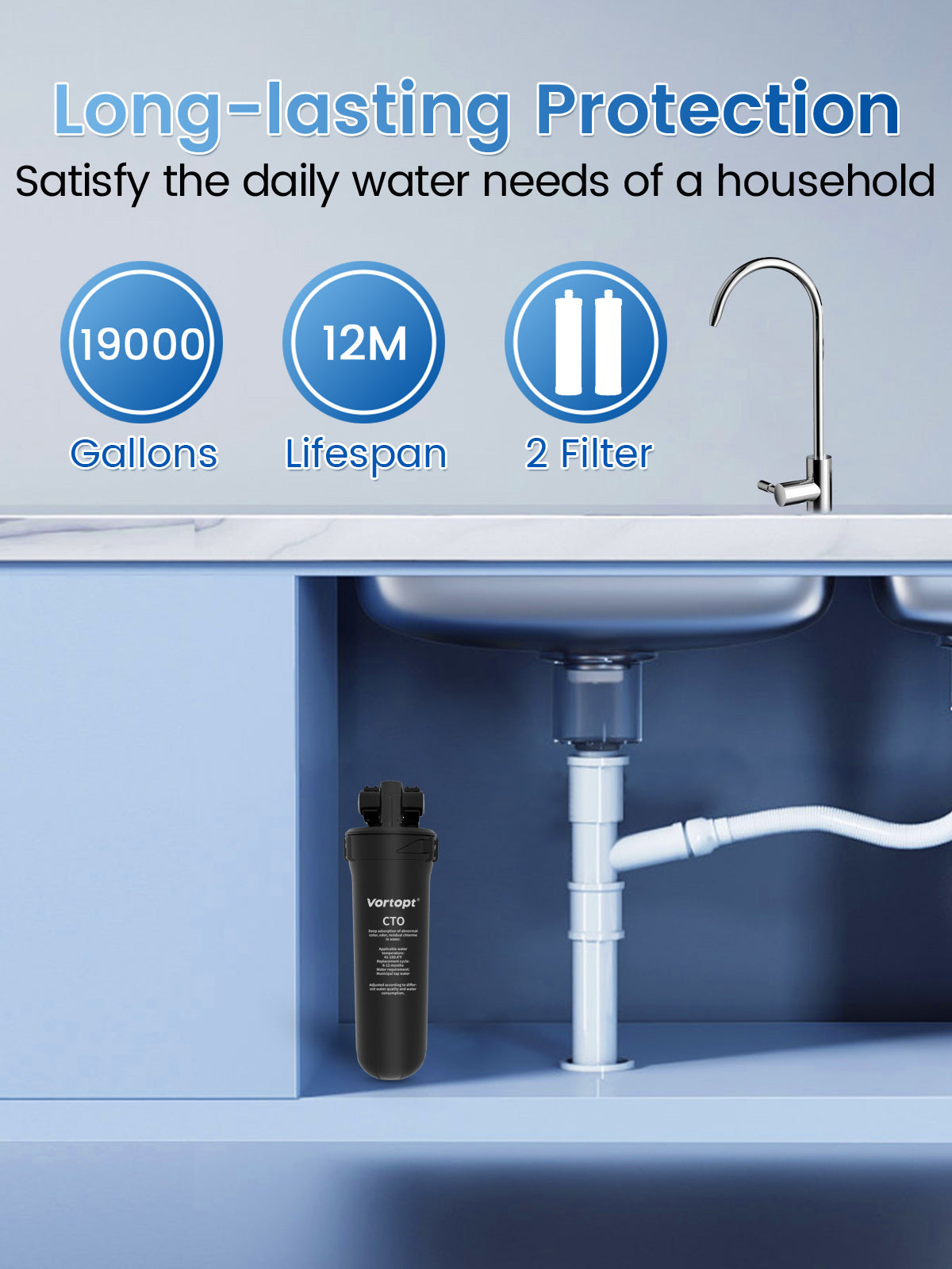 Under Sink Water Filter System - 19K Gallons Reduces Lead, Chlorine, 304 Stainless Steel Faucet, Q8-C1 (2 Filters) - Vortopt