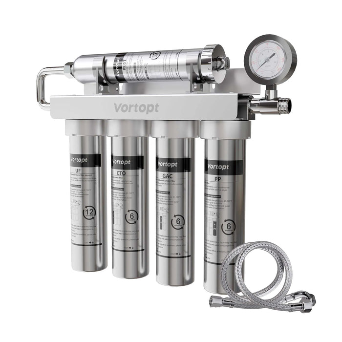Vortopt Under Sink Water Filtration System,NSF Certified to Standards, Stainless Steel Water Filter,0.01μm Fine Filtration,Retains Beneficial Minerals,with Pressure Gauge,U2 (5 Filters)