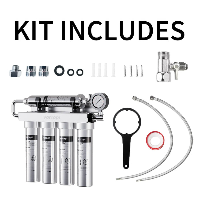 Vortopt Under Sink Water Filtration System,NSF Certified to Standards, Stainless Steel Water Filter,0.01μm Fine Filtration,Retains Beneficial Minerals,with Pressure Gauge,U2 (5 Filters)