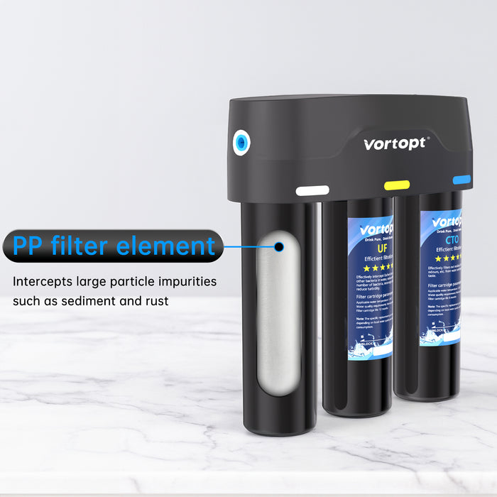 Vortopt Under Sink Water Filter,with PP,UF,and CTO Cartridges for Water Filtration and Drinking Water,F03,Black.
