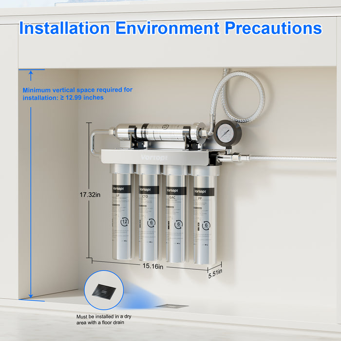 Vortopt Under Sink Water Filtration System,NSF Certified to Standards, Stainless Steel Water Filter,0.01μm Fine Filtration,Retains Beneficial Minerals,with Pressure Gauge,U2 (5 Filters)