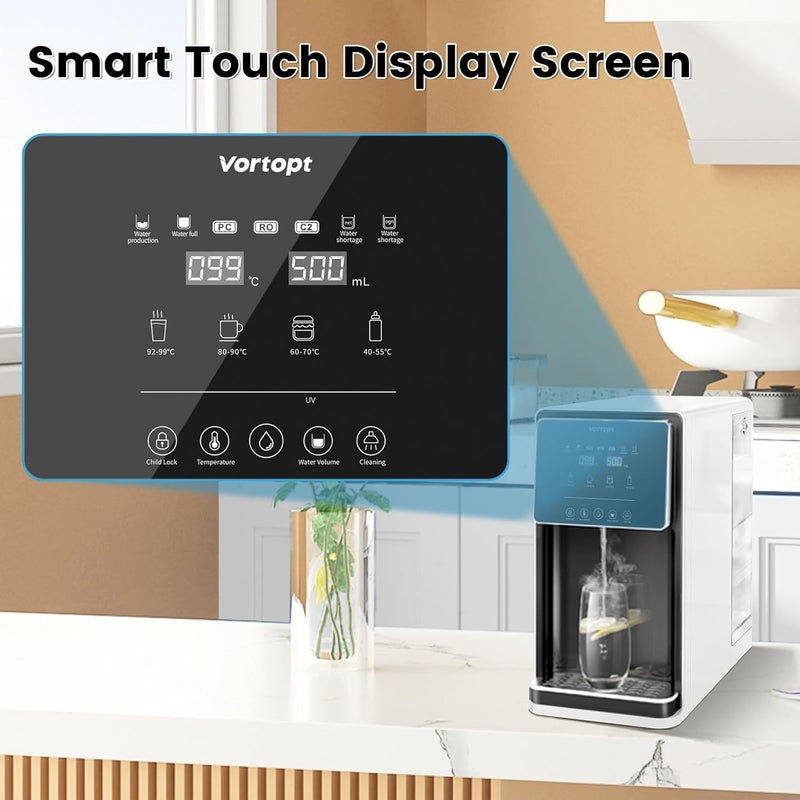 Vortopt Countertop Reverse Osmosis System - 5 Stage Counter Top RO Water Filter, 0.0001um Purification for Drinking, Reduces TDS, Fast Heating Water Dispenser, BPA Free (UR02-US) - Vortopt