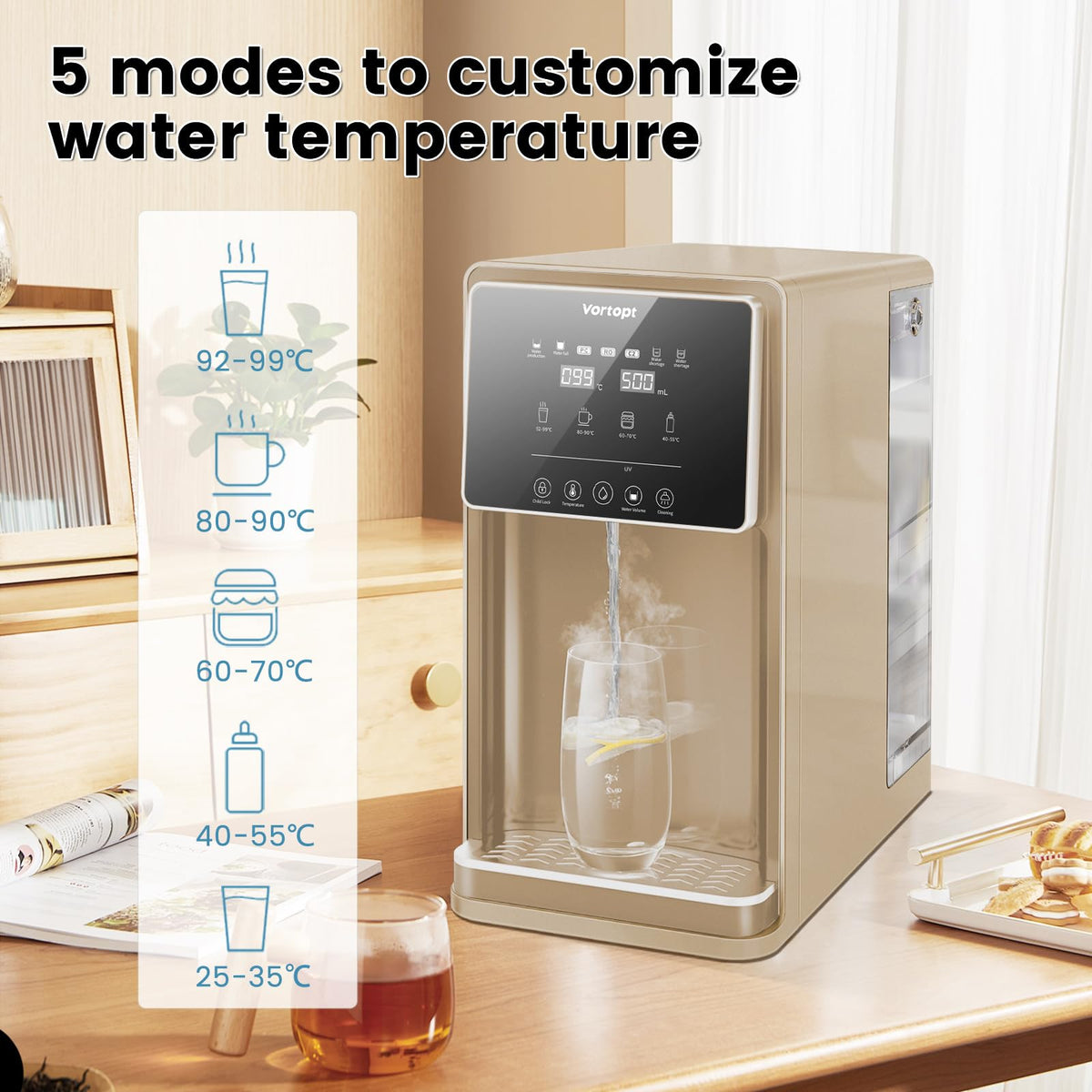 UR03 Countertop Reverse Osmosis System - 5 Stage Counter Top RO Water Filter Golden, Vortopt